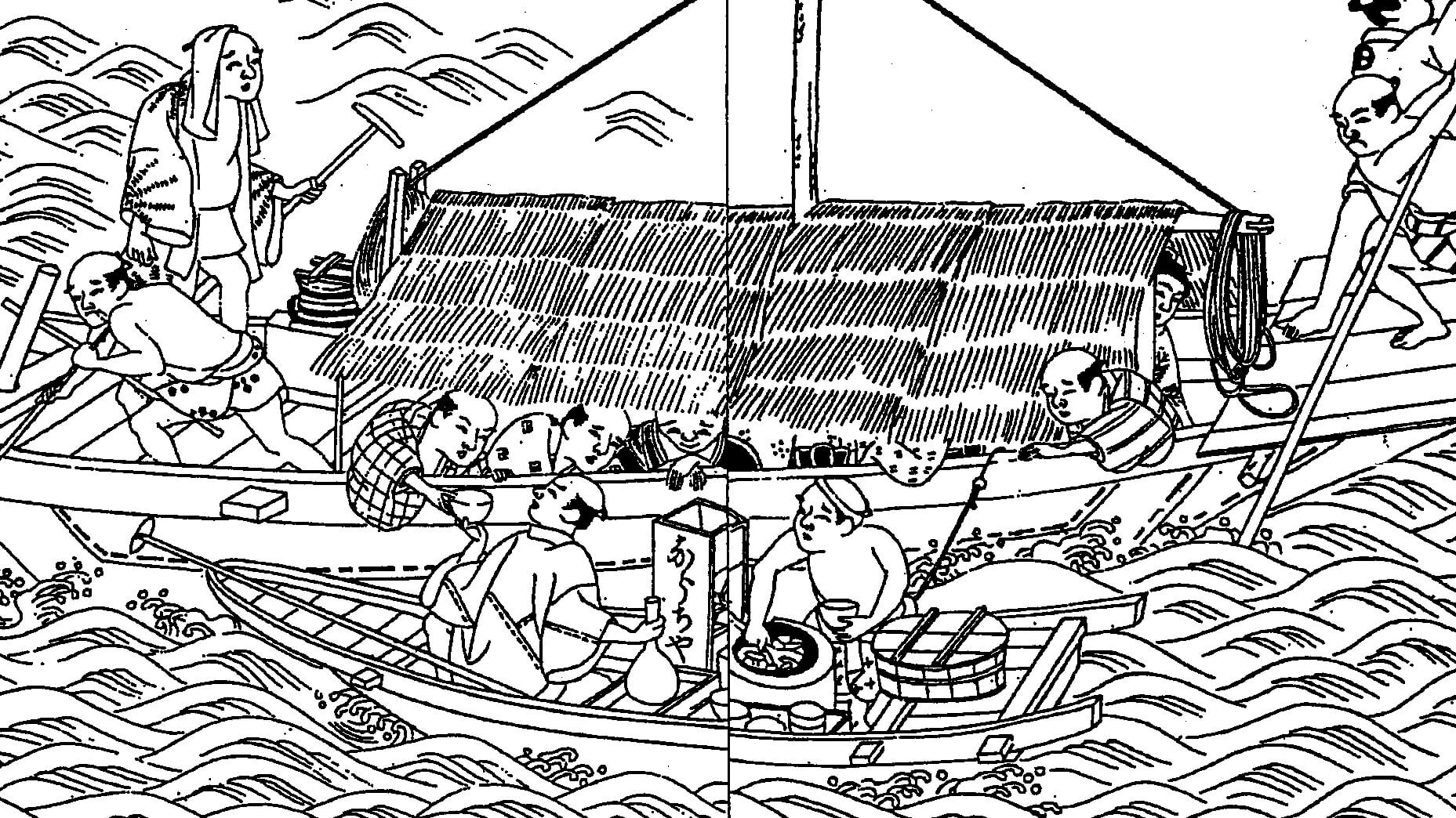 淀川で「奈良茶」を売るくらわんか船（『絵本家賀御伽』）